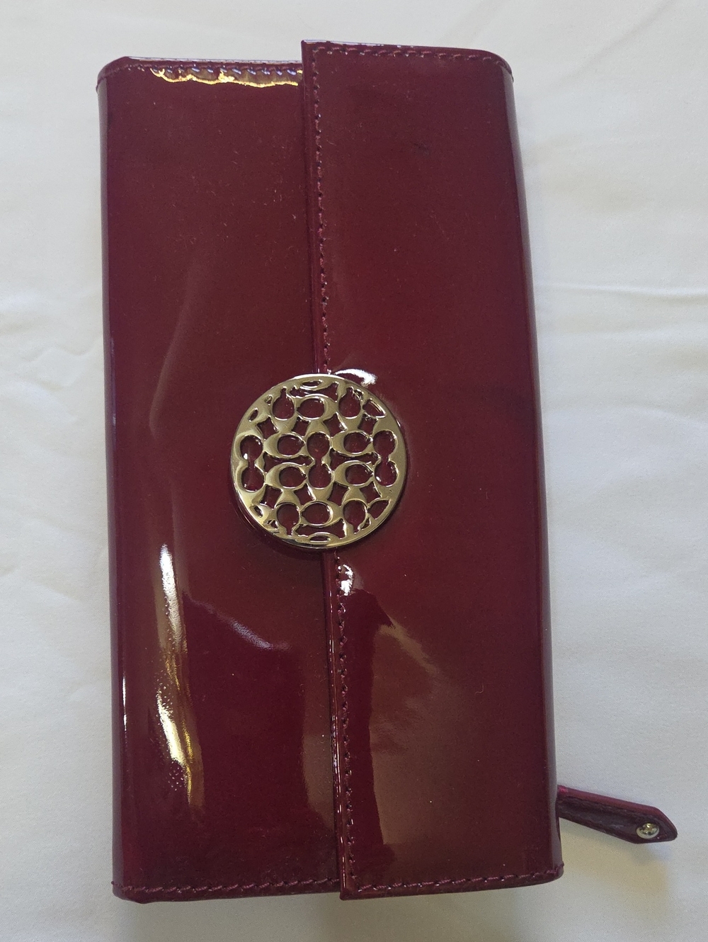 Coach Patent Leather Burgundy Wallet Clutch with Gold Accent